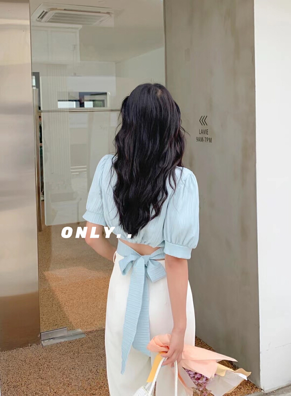 goods in stock! [only] square neck butterfly dew waist strap short shirt 1810# JJ