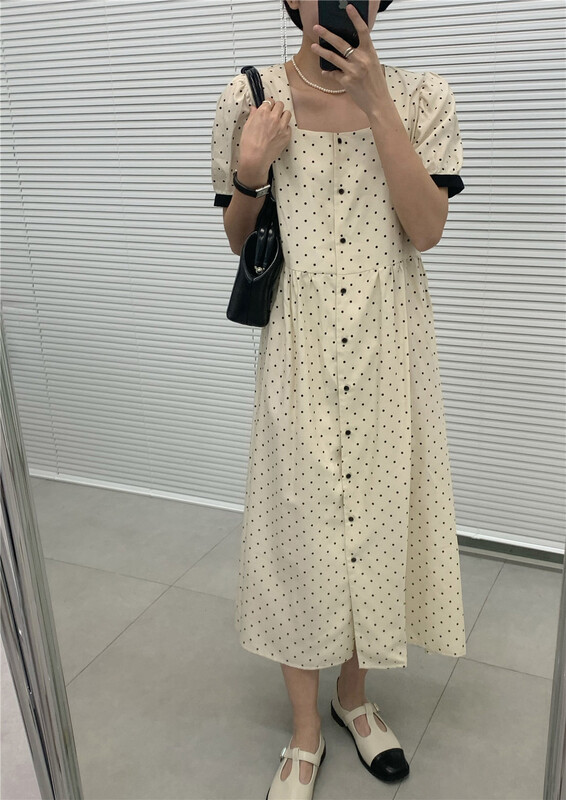 [new post] Korean wave point square neck bubble sleeve button up dress np7832-b1# cqw