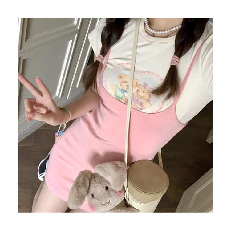 [Huaxi] slim fit printed pure desire T-shirt + suspender dress set 9067# PCZ