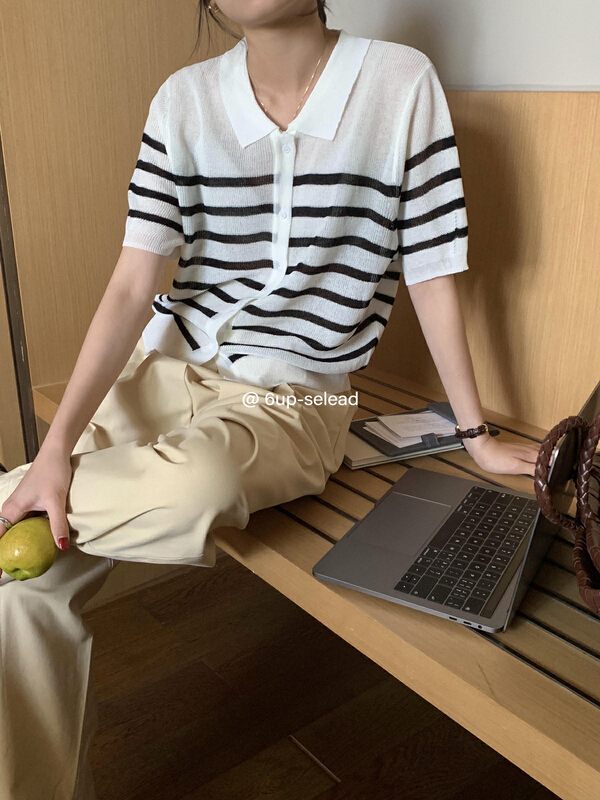 goods in stock! New in early summer! [6-up] Korean breasted striped sweater 68075# XJ