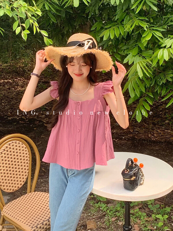 [ing] French style small flying sleeve tank top with fungus edge / sling 7787# HBx
