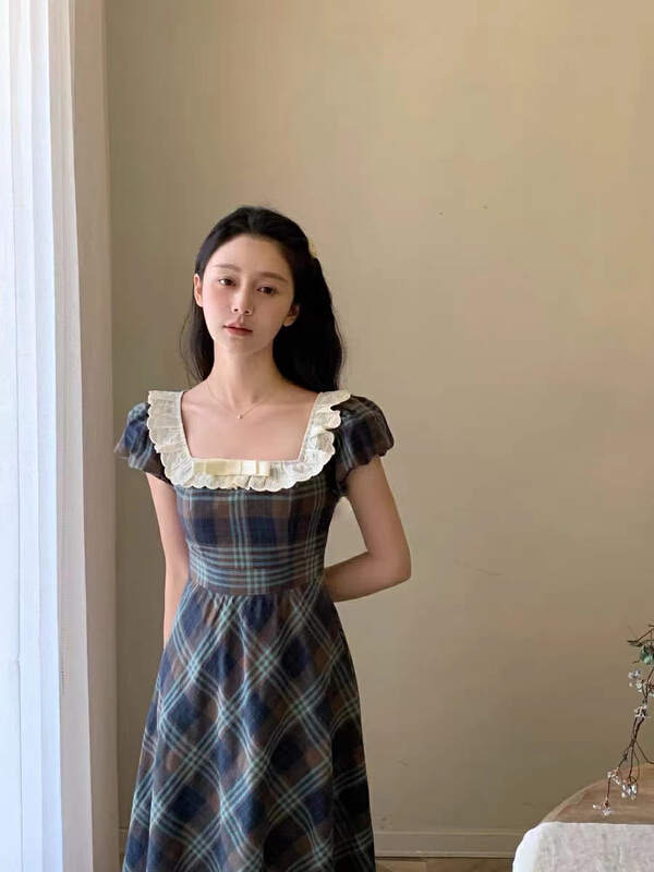 [are studio] French square neck Plaid waist dress 81155\zxx