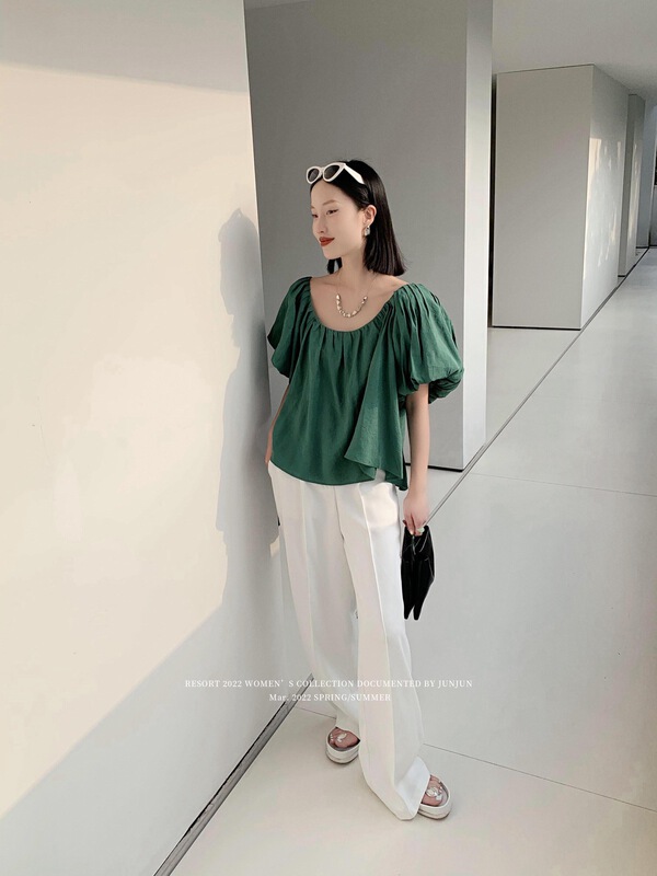 goods in stock! New in early summer! [DT class] shoulder strap detachable flat neck bubble sleeve blouse 4464# XYJ
