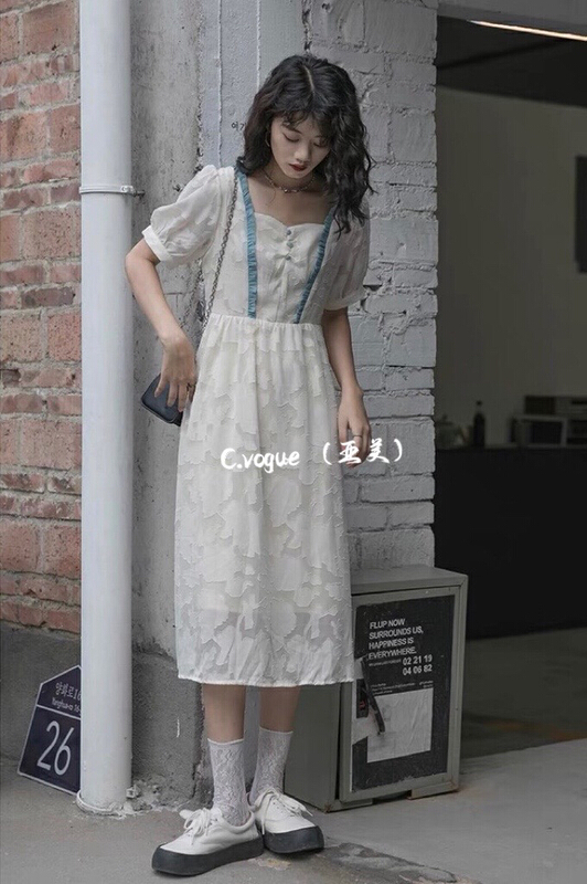 goods in stock! [c.vogue] Mori color contrast Square Neck Lace Up bow dress 2989# PCZ