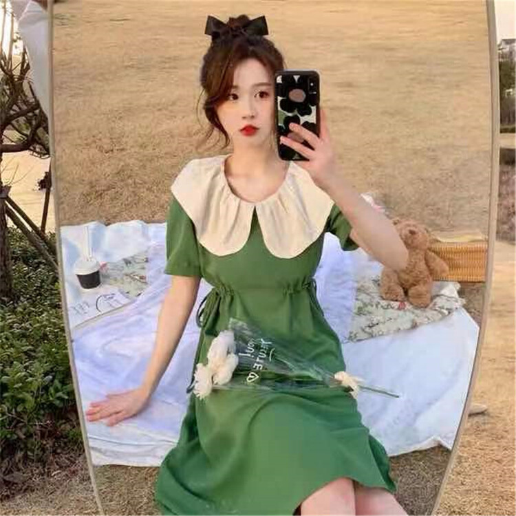 Original price 85.00! New in early summer! [Xiangli] contrast color large lapel waist closing age reducing dress 2009# PCZ