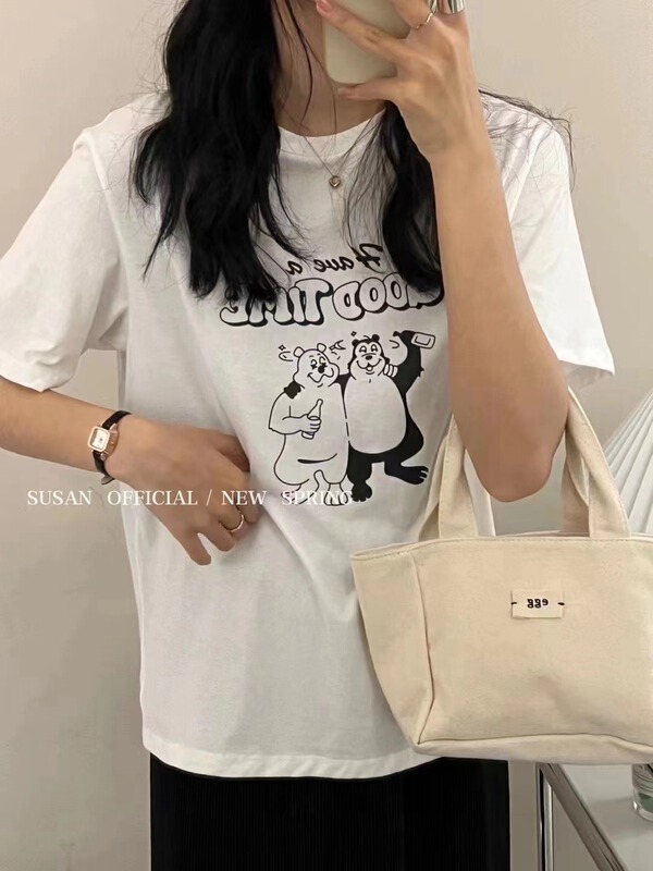 New in early summer! [Susan] bear print letters age reducing short sleeve T-shirt 899# LSW
