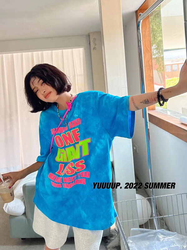 [yuup] casual three-dimensional foaming letter printed tie dyed short sleeve T-shirt 622122# LSL