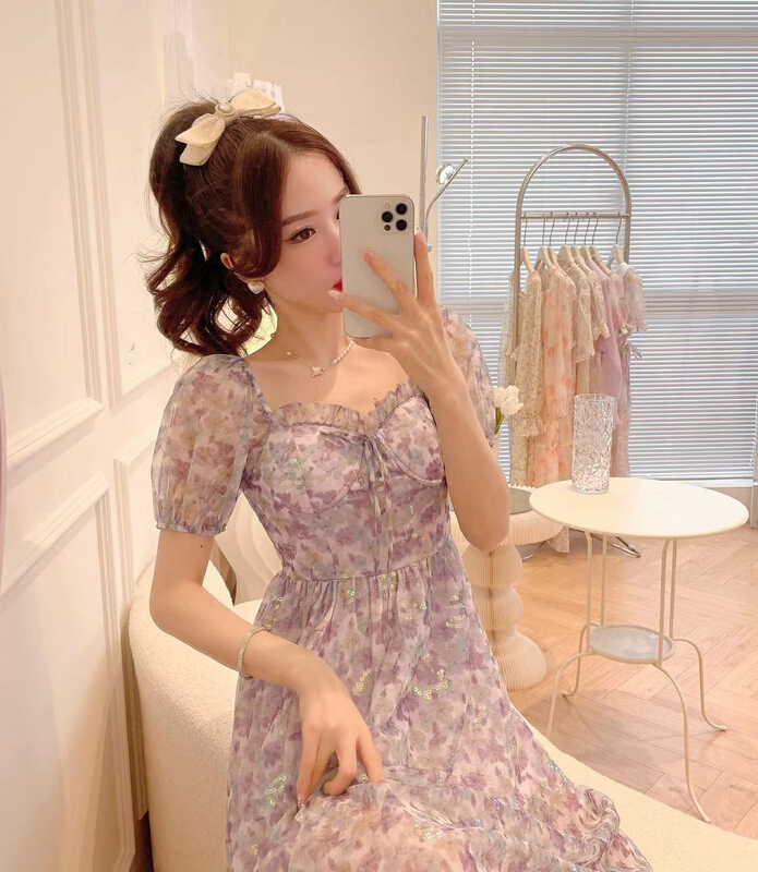 [Yingying new clothes] French Style Floral bubble sleeve mesh dress 7450# Cl