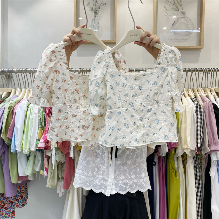 [Max original] square neck thin floral blouse 98157# HBx