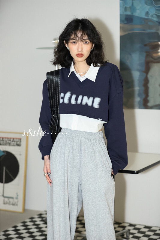 New year in early spring! [S & she] solid color versatile short shirt + V-neck letter printed navel sweater set sa1004a# hyy
