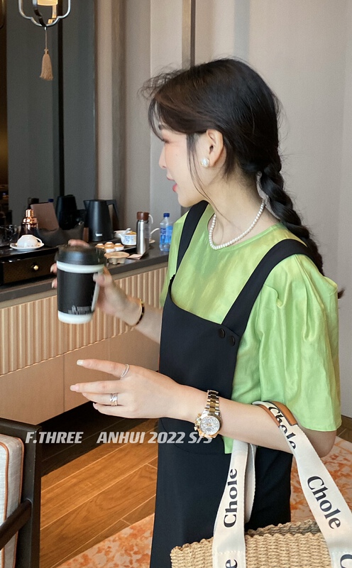 [f.three] Solid Color Bubble Sleeve Tencel blouse 95183# XJ