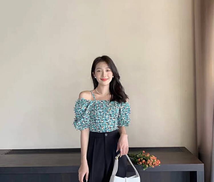 [8lei5 ballet] sweet broken flower off shoulder one line neck suspender shirt 990-# WPL
