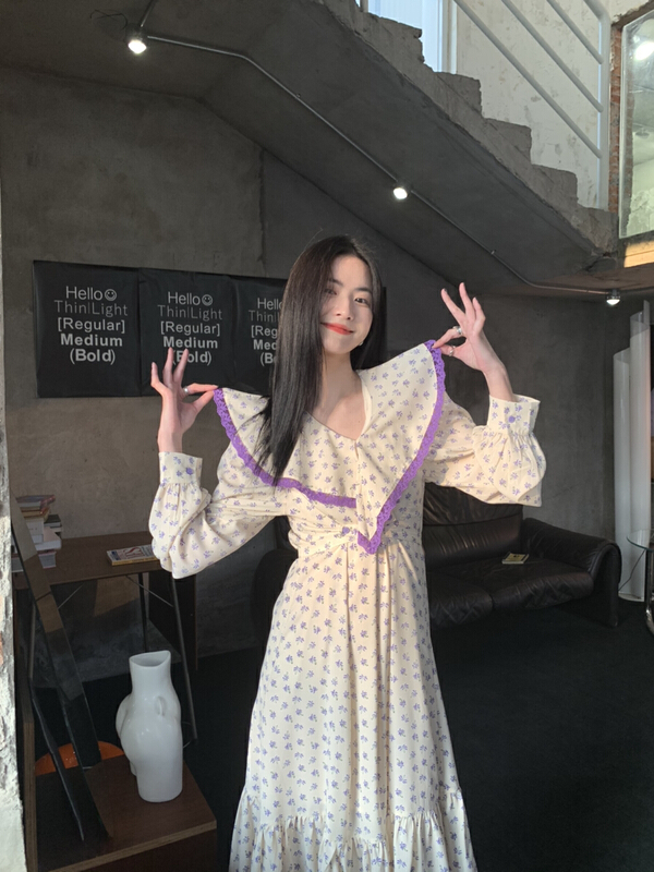 New year in early spring! [u say] fashionable and sweet girl's sense of pastoral fashion broken flower Lapel French dress (with waist rope) 65077# LSL