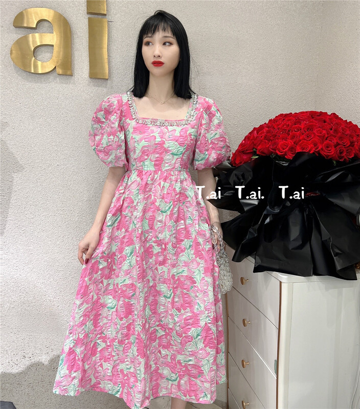 New in early summer! [t.ai] French style square neck bubble sleeve dress 9881# zxx