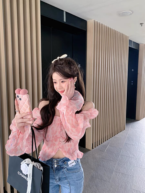 [X.C] Square Neck Chiffon wrinkled floral blouse 585# WPL