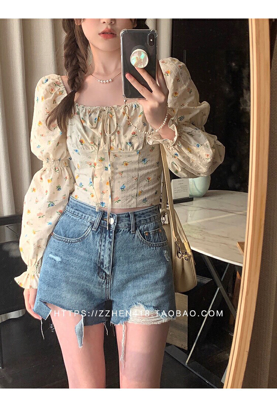 [x · h studio] design sense short floral sweet bubble sleeve blouse 3027# ozq