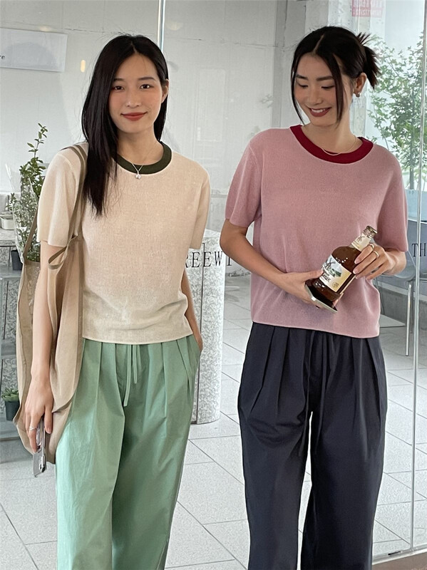New in early summer! [clean space] candy color versatile contrast round neck sweater 31166a# CLS