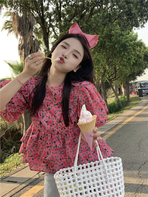 New in early summer! [dolly] Korean French foam sleeve floral shirt 2016# LSW
