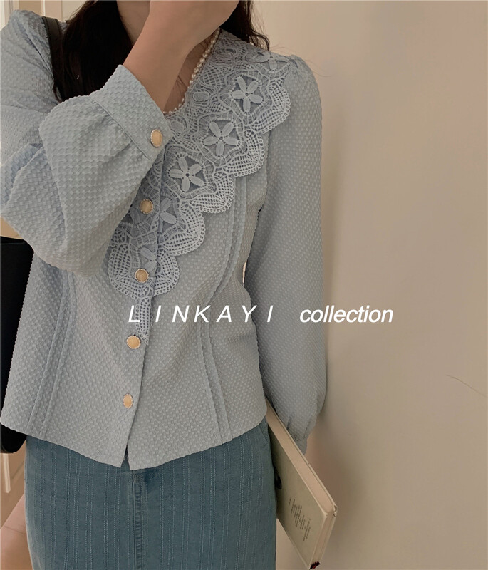 goods in stock! New year in early spring! [linkayi] Korean Style Lace Edge V-neck shirt 22188# hjy
