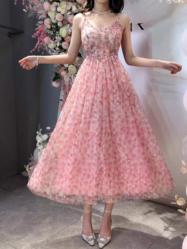[Xinran] sweet holiday style mesh bead Sling Dress 9806# PCZ