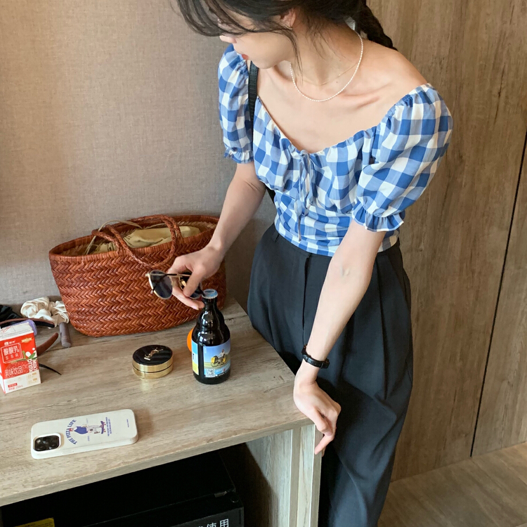 goods in stock! New in early summer! [y.jia Yijia] simple sexy plaid shirt + versatile slim trousers set ys1-1015# PCZ