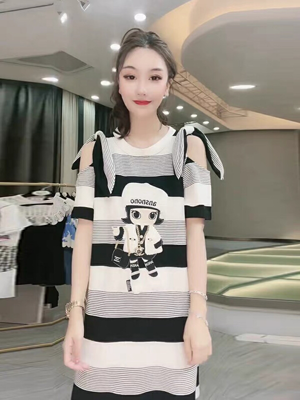 [Kiki studio] Korean cotton short sleeved off shoulder striped dress 5884# hjy
