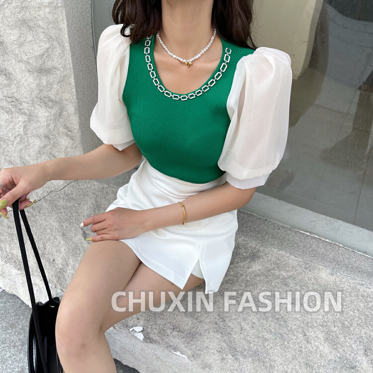 [c.x Chuxin] niche heavy industry diamond studded chain bubble sleeve short sweater z107# WTT
