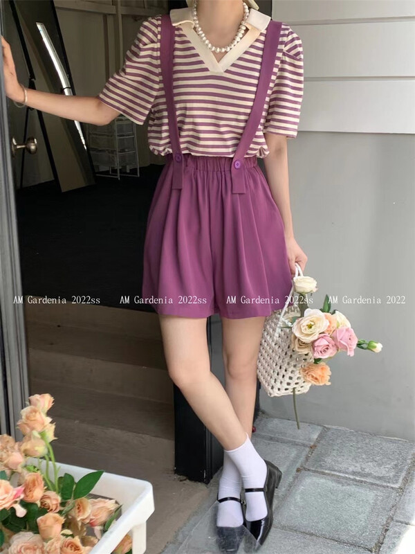 [neeko] loose and versatile striped blouse + Korean slim loose suspender suit 3593# JJ