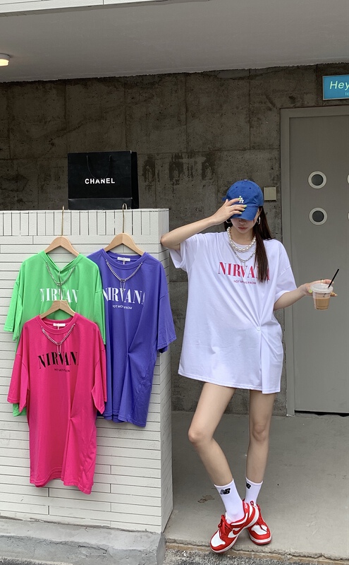 [our] Korean versatile simple printed short sleeve T-shirt (with removable chain) 8972\lsw