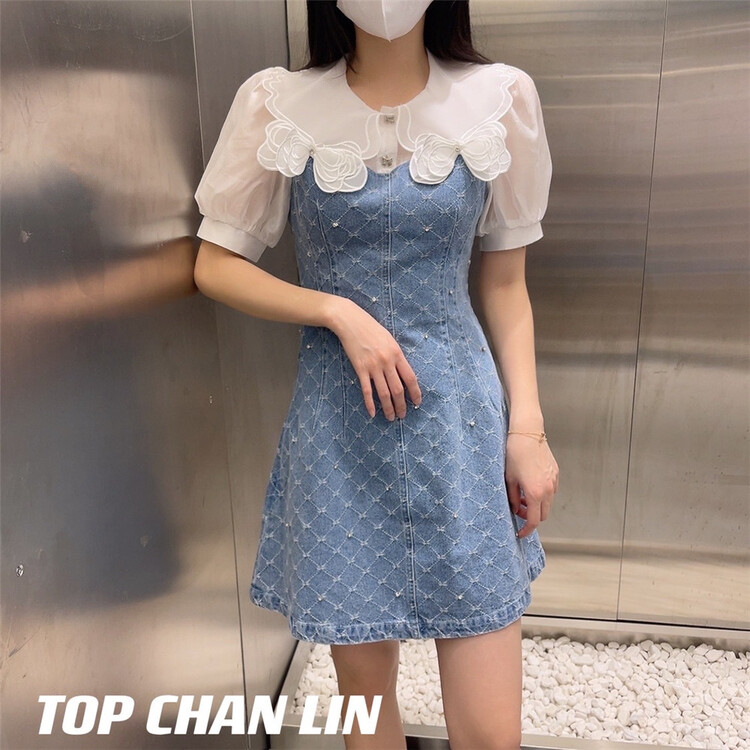 [top Chan Lin] Korean stitched bubble sleeve denim dress 95162# cqw