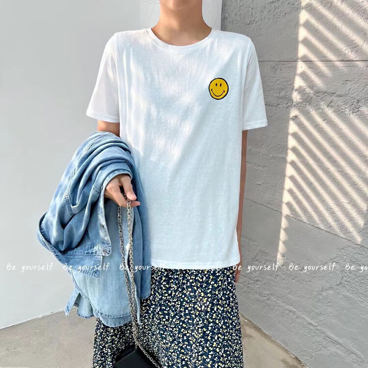[be your self] Korean version front and back smiling face short sleeve T-shirt t66135# LSL
