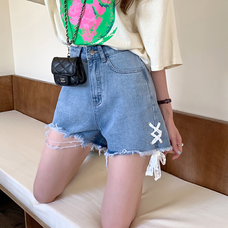 [timely rain] Han Feng ins loose and versatile A-shaped wide leg high waist denim shorts f1010# WPL