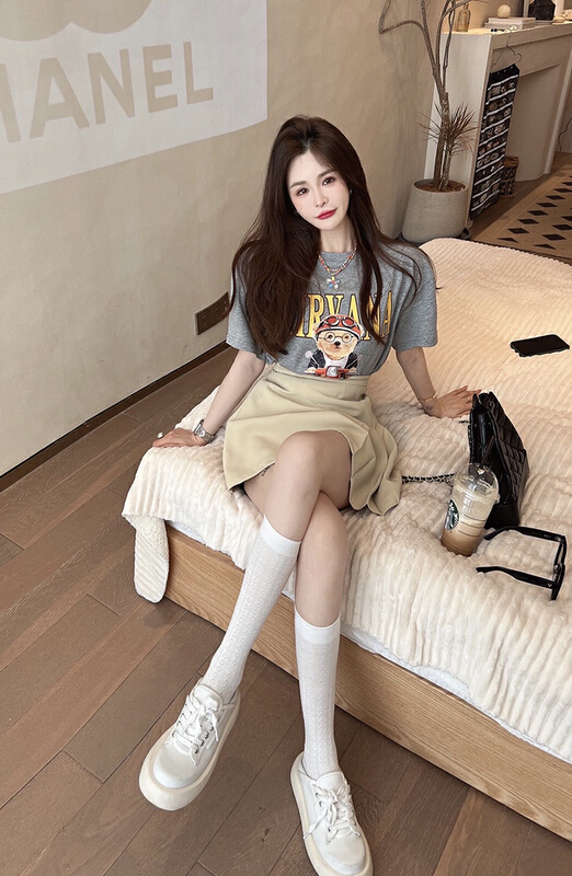 [JH] net red cartoon short sleeve T-shirt + high waist pleated skirt set 41573# PCZ