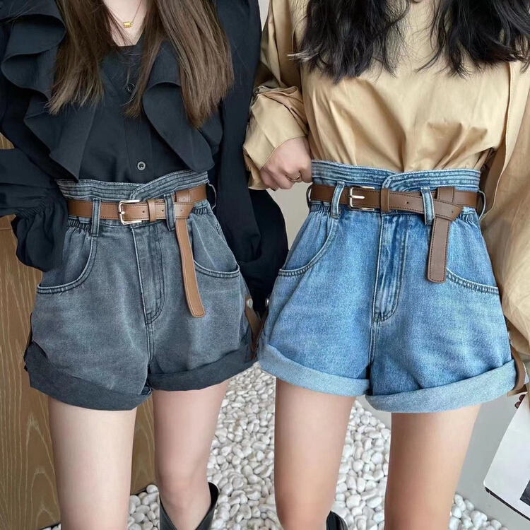 [a +] Korean version crimped high waist loose denim shorts (with belt) 271# WPL