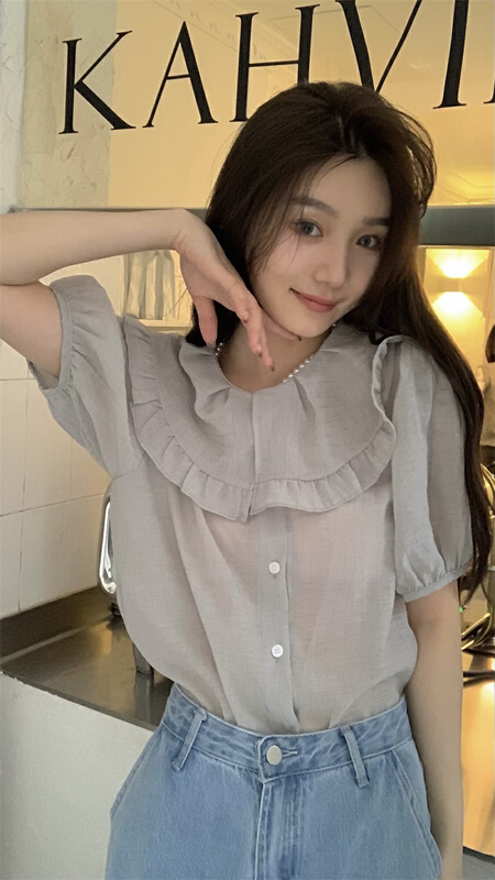 [timely rain] Han Feng ins sweet senior grey loose thin baby collar sweet shirt 27759# WPL
