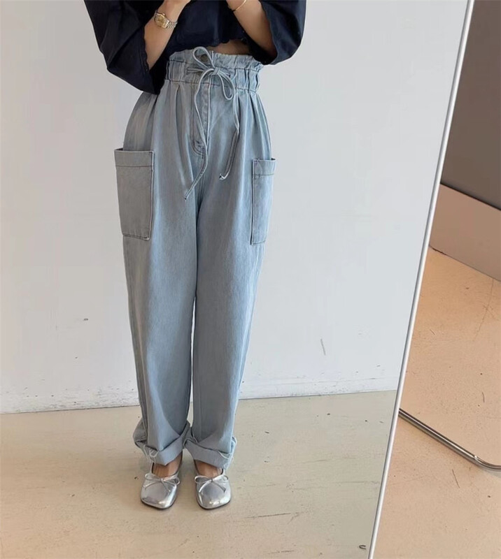 [Yulia] Korean lace up washed jeans 2206# LSW
