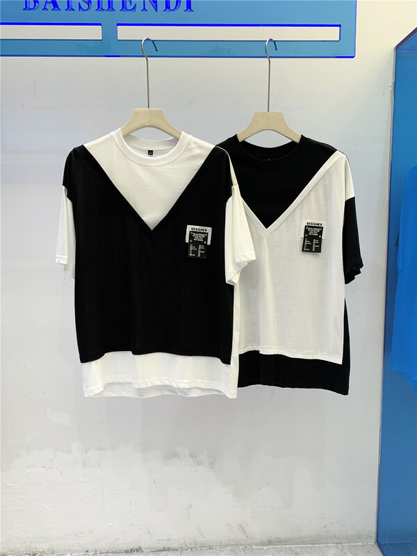 [BSD] Korean loose fake two piece short sleeve T-shirt 5667# ZZL with small design