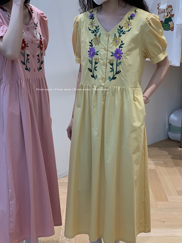 [from Anna] Korean embroidered bubble sleeve lace up dress 6147# LSW