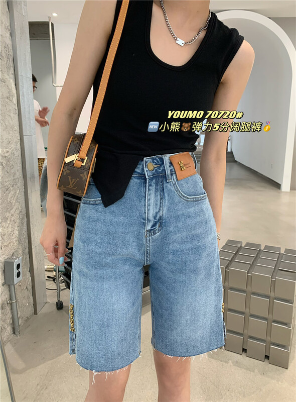 [suxinlan] heavy industry design Vintage denim shorts 70720 blue-70720-1 black # LSL