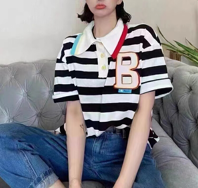 [Hello cherry] personalized letter contrast stripe loose Polo neck short sleeve T-shirt 22628# WTT