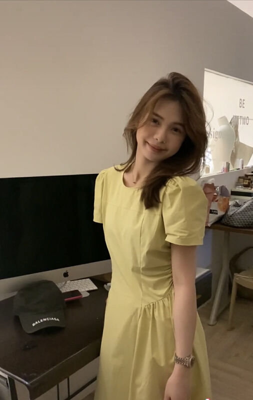 [by] French round neck bubble sleeve Pleated Dress 5178# Cl