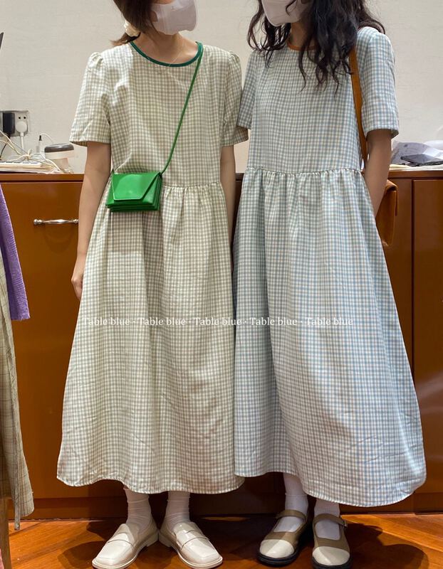 [table blue] Korean Plaid bubble sleeve dress 6059# LSW
