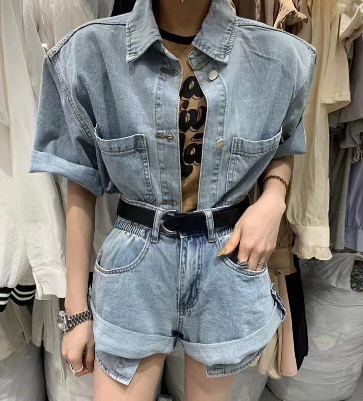 [keen k] Korean short sleeved shirt + versatile Denim Shorts Set (with belt) tz48# WTT