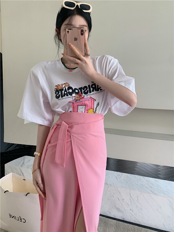goods in stock! [y.jia Yijia] simple cartoon printed short sleeve T-shirt + one piece bandage skirt set ys1-8950# PCZ