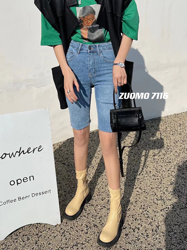 [zuomo Zuo Mo] Korean casual 5-point denim shorts 7116-2 blue 7116 black # XJ