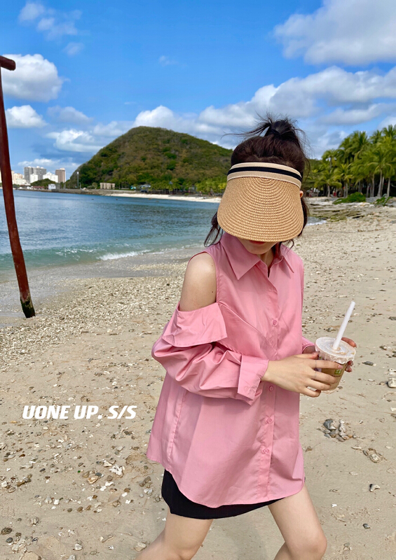 New year in early spring! [uone] design off shoulder striped shirt 98304# LSL
