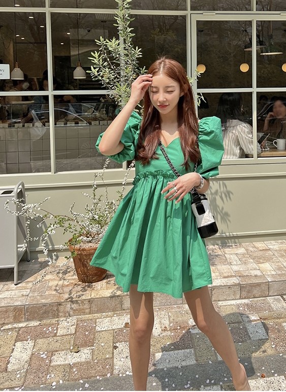 [section of me] fashionable Korean style bubble sleeve waist closing dress 9112# ozq