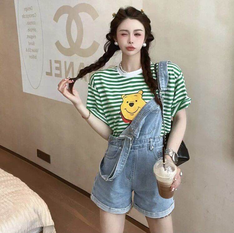 [y.jia Yijia] simple bear stripe Top + versatile suspender Pants Set ys1-1032# PCZ