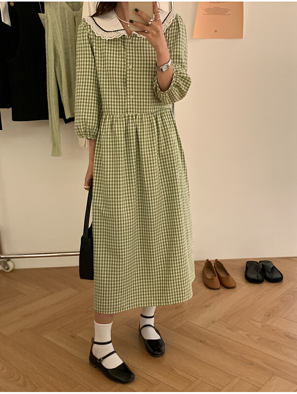 New year in early spring! [the mind] doll neck Plaid temperament lace up dress (with waist rope) 60163# XYJ