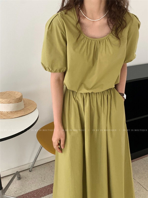 [in by in] simple solid color bubble sleeve square neck short sleeve T-shirt 0568# ZSY